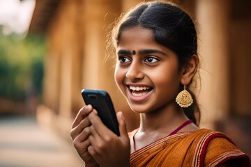 Portrait of a happy surprised young student girl with a smartphone in her hand. Human emotions, reaction, expression - obrazy, fototapety, plakaty