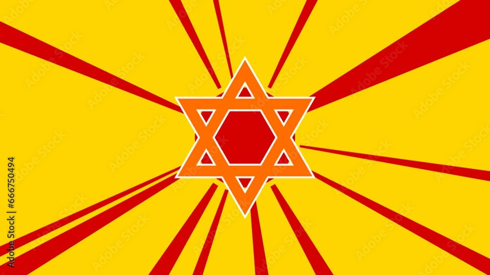 Poster star of david symbol on the background of animation from moving rays of the sun. large orange symbol