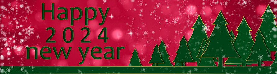 Happy New Year 2024 background. Green Christmas tree on the red background.