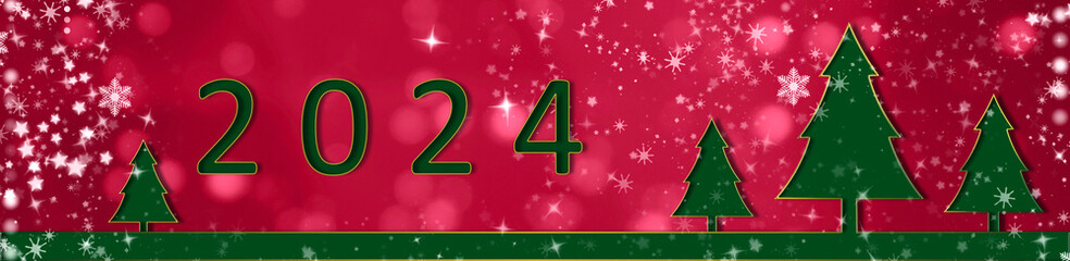 Merry Christmas and Happy New Year 2024 background. Green Christmas tree on the red background.