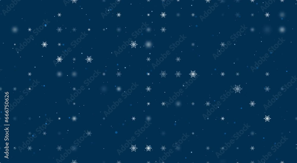 Poster Template animation of evenly spaced snowflakes of different sizes and opacity. Animation of transparency and size. Seamless looped 4k animation on dark blue background with stars