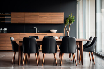 Modern dining room with chairs around a wooden table and a stylish black cabinet.
