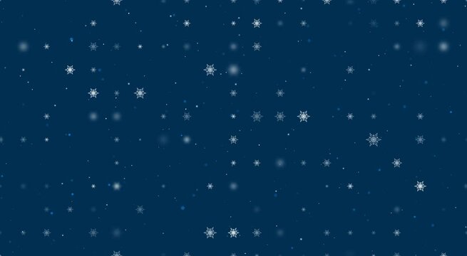 Template animation of evenly spaced snowflakes of different sizes and opacity. Animation of transparency and size. Seamless looped 4k animation on dark blue background with stars