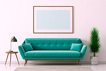 Mid-century modern living room with teal sofa and a large mock-up canvas poster on a white wall.