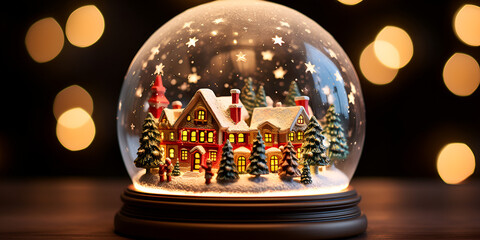 Fototapeta na wymiar Christmas snow globe isolated on background with yellow light, Decorative Glass Ball with Snowy Christmas Scene. Generative AI