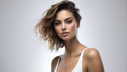 Modelo de maquillaje joven sensual con ropa blanca para anuncio de cuidado personal