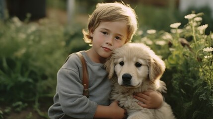 Adorable Bond between a Young Child and a Golden Retriever Puppy
