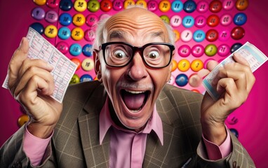 Lucky surprised senior man cannot believe that he won a jackpot in a lottery or bingo