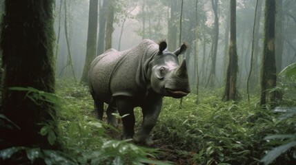 Sumatran Rhinoceros in Dense Rainforest - obrazy, fototapety, plakaty