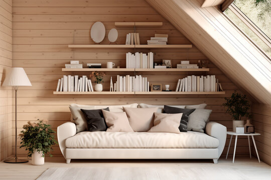 Scandinavian attic living room with cream color sofa, numerous pillows, wooden paneling wall, and shelves.