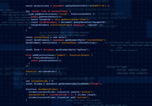 Programming computer code. Abstract visualization of coding. Digital background constructed with different symbols. Vector illustration.