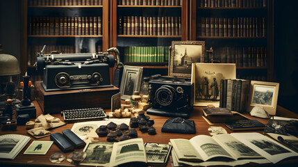 Recuerdos del Pasado: Objetos Vintage en la Biblioteca maquina de escribir y objetos antiguos del pasada historico  - obrazy, fototapety, plakaty