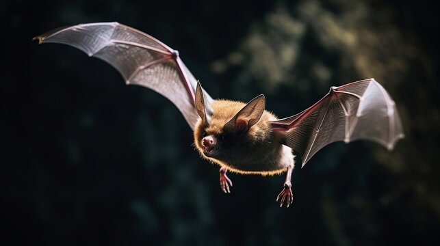 Serotine bat in mid-flight during twilight hunt