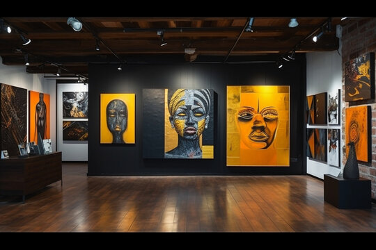 A gallery exhibition showcasing contemporary Black artists' work, love and creativity with copy space