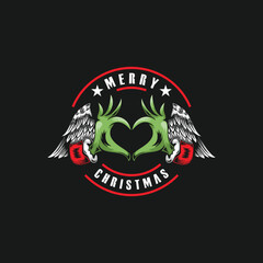 Merry christmas logo hand grinch with wing design