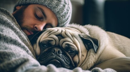 Affectionate Pug snuggled up on a cozy sofa with its owner