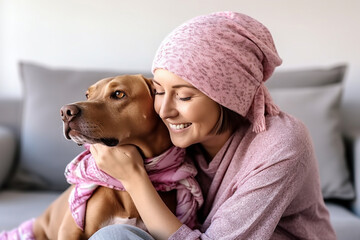 A cancer patient embracing the support of a therapy dog, love and creativity with copy space