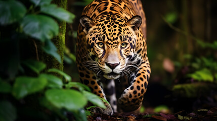 Obraz premium Intense Leopard Stare in Lush Jungle Ambiance