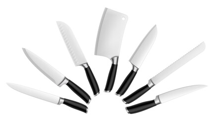 Set of steel kitchen knives isolated on white background. Butcher knives tools, chef knife, versatile and for slicing fruits, vegetables. For restaurants, cafes and home cooking. realistic 3d vector