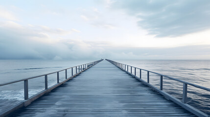 Wooden Pier Extending into the Ocean with Approaching Clouds.





