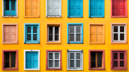 A Medley of Colorful Shutters on a Bright Yellow Wall.