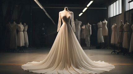Luxurious Ivory Gown with Delicate Lace Bodice Displayed in a Workshop, Surrounded by Other Dresses on Mannequins