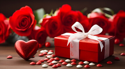 Red Roses, Heart-Shaped Ornament, and Gift Box on a Wooden Surface.