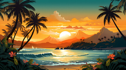 Fototapeta na wymiar Vibrant Beach Sunrise with Waves and Palm Trees Overlooking Mountain Range