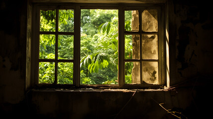Abandoned Room with Overgrown Window View.