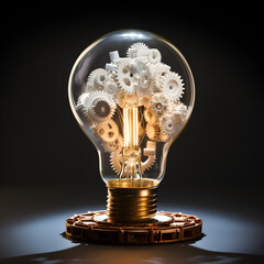 Innovative synergy, White light bulb powered by interconnected gears - obrazy, fototapety, plakaty