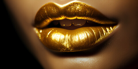 Beautiful Women lips with Goldent colors lipstick, Glamorous Women's Lips Enhanced with Shimmering Gold Lipstick. Generative AI