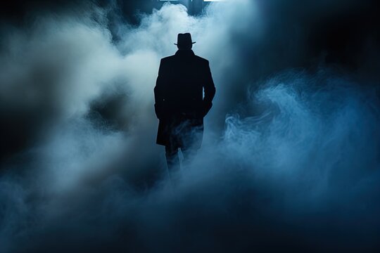 dark silhouette of a man in a hat in the fog on a night street in a city in the style of Noir