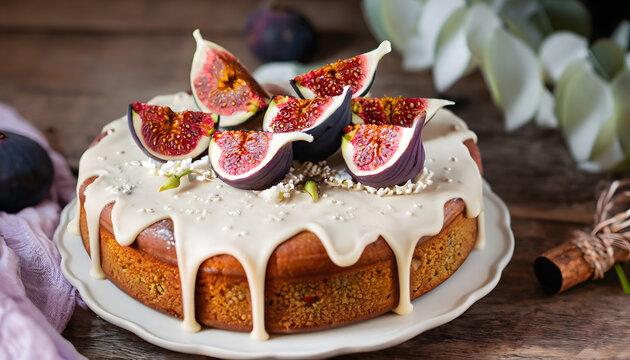 feigen, Kuchen, rustikal, closeup, Zuckerguss