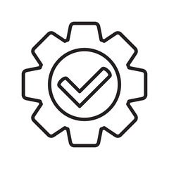 Check mark in gear icon, vector line icon.