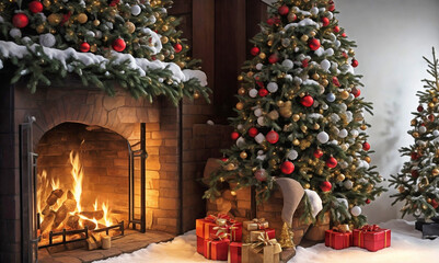 Merry Christmas banner with a fairytale interior and festive fir trees and a large fireplace.