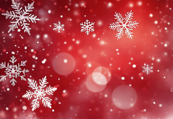 Fototapeta na wymiar Red Merry Christmas background with bokeh and white snowflakes