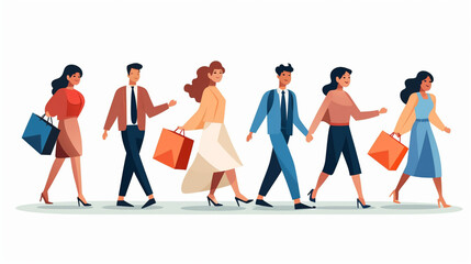 Obraz premium Crowd of happy people running fast. Group of excited men and women buyers hurrying and hunting for sales. Mad fans following and chasing for smb. Flat graphic illustration. Generated AI