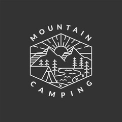 morning camp mountain badge vector illustration. mountain and tent monoline or line art style. design can be for T-shirts, sticker, printing needs