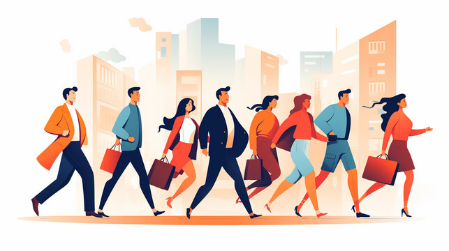	
Crowd of happy people running fast. Group of excited men and women buyers hurrying and hunting for sales. Mad fans following and chasing for smb. Flat graphic illustration. Generated AI