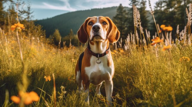 Curious Beagle Following Scent Trail in Vibrant Meadow