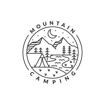 night camp mountain badge vector illustration. mountain and tent monoline or line art style. design can be for T-shirts, sticker, printing needs