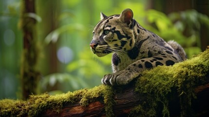 Clouded Leopard on Mossy Tree Branch in Southeast Asian Rainforest - obrazy, fototapety, plakaty