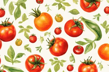 Fotobehang Pattern with watercolor tomato and paprika illustrations. Generative AI © Kenneth