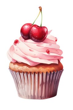 watercolor cherry pink cupcake isolated on white background copy space left