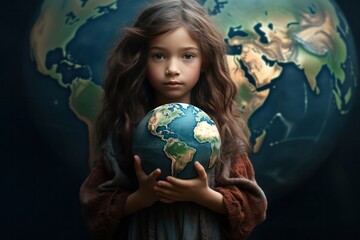Naklejka premium beautiful little girl holding globe earth model closeup. Future in kids hands concept. Younger generation.