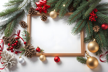 Christmas design. New Year's composition with a Christmas tree, balls, snow and garlands. Winter poster with empty space for text. Ai.