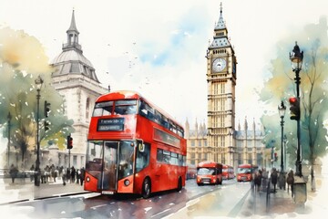 iconic London view if Big Ben tower and red double decker bus watercolor illustration - obrazy, fototapety, plakaty
