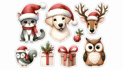 A set of stickers with Christmas animals and pets om white background. Kitten, puppy, reindeer, and owl with santa hat, and gift boxes. New Year and Christmas illustration. For print, design