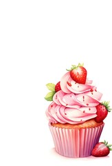 watercolor strawberry cupcake isolated on white background
