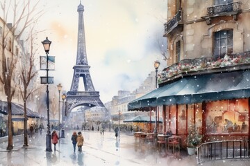 Christmas winter in Paris watercolor illustration
